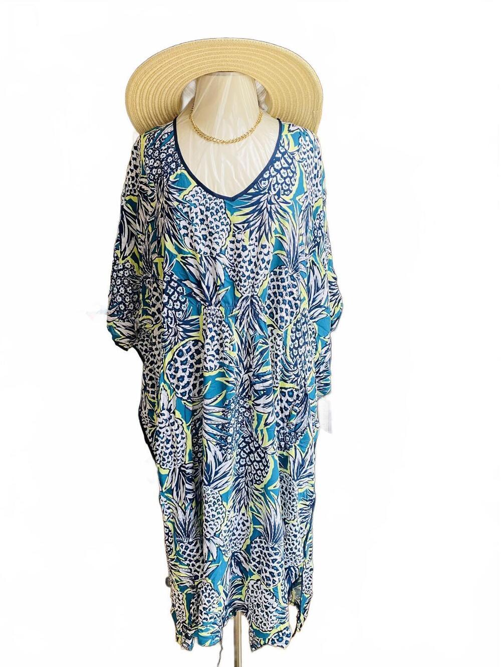 Joyspun Blue and Green Pineapple Print Kaftan Dress with V-Neck 4X